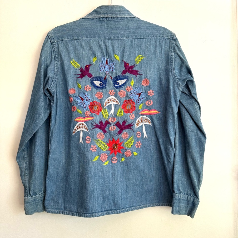 Vintage Natex Folkloric Mexican Embroidered Denim Shirt Eyes Birds Mushrooms S
